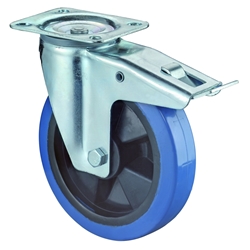 Lenkrolle, mit Totalfeststeller, Rad Ø 200mm, Elastik-Reifen blau, Radb. 50mm, BH 235mm, Rollenlager, Radk. Kunststoff, mit Platte, PG 138x109mm, Tragkr. 300kg Nr. L420.B61.200