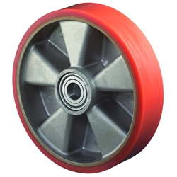 Rad, Rad Ø 125mm, Guss-Polyurethan orange 95+/-3 Shore A, Radb. 50mm, Nabenl. 60mm, Kugellager, Radk. Aluminium, Tragkr. 450kg Nr. B90.126